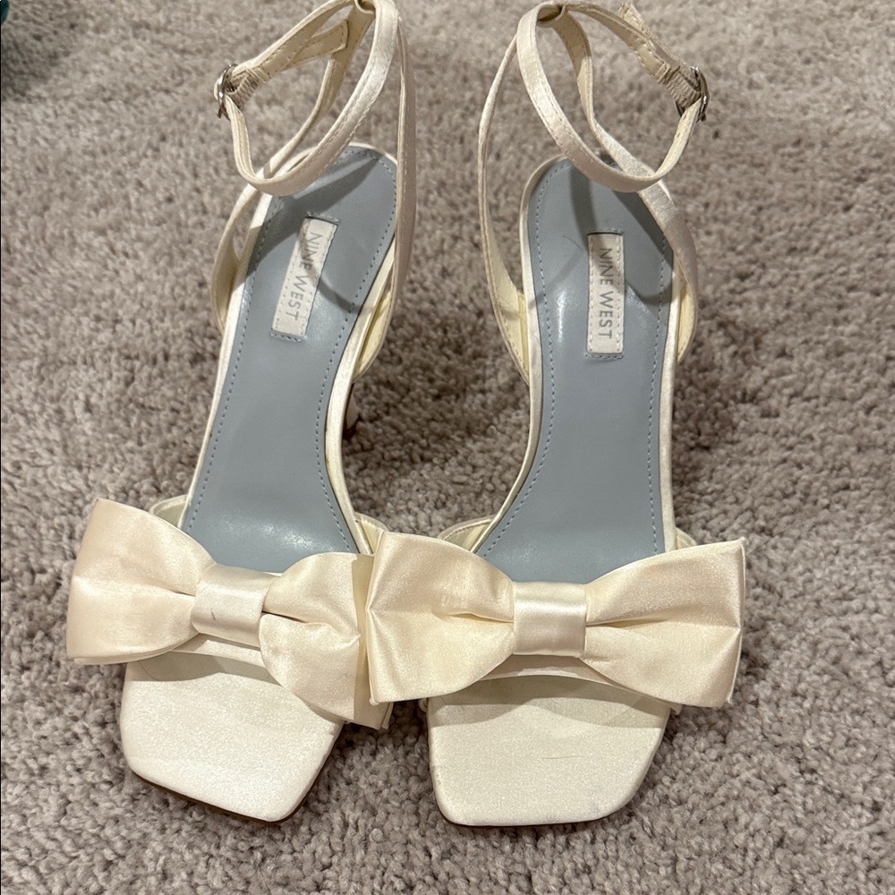 Nine West Satin Bow Open-Toe Ankle-Strap Heels in Ivory